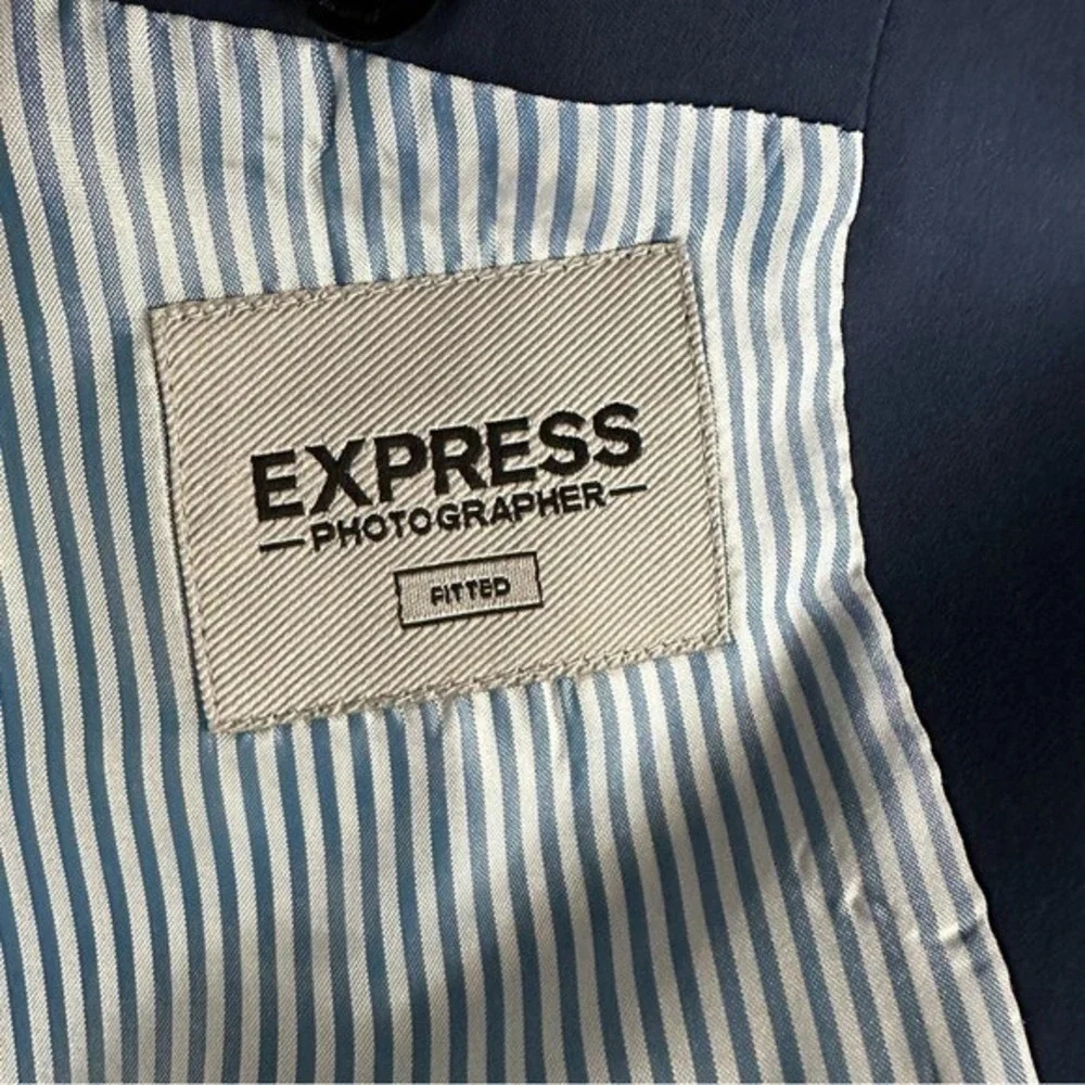 Express Suit Set Pants Blazer Blue Photographer Fitted Preppy Sz 38 Short 30/32
